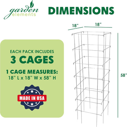 Square Tomato Cage, 58 Inch (Pack of 3) – Heavy Duty Galvanized Steel Plant Support, Collapsible Garden Trellis with 8-Leg Stability for Climbing Vegetables & Vines