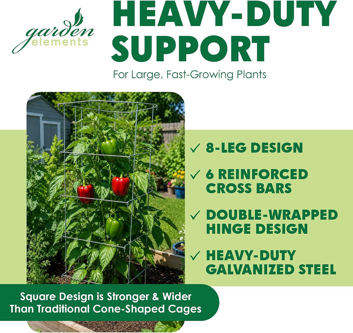 Square Tomato Cage, 58 Inch (Pack of 3) – Heavy Duty Galvanized Steel Plant Support, Collapsible Garden Trellis with 8-Leg Stability for Climbing Vegetables & Vines