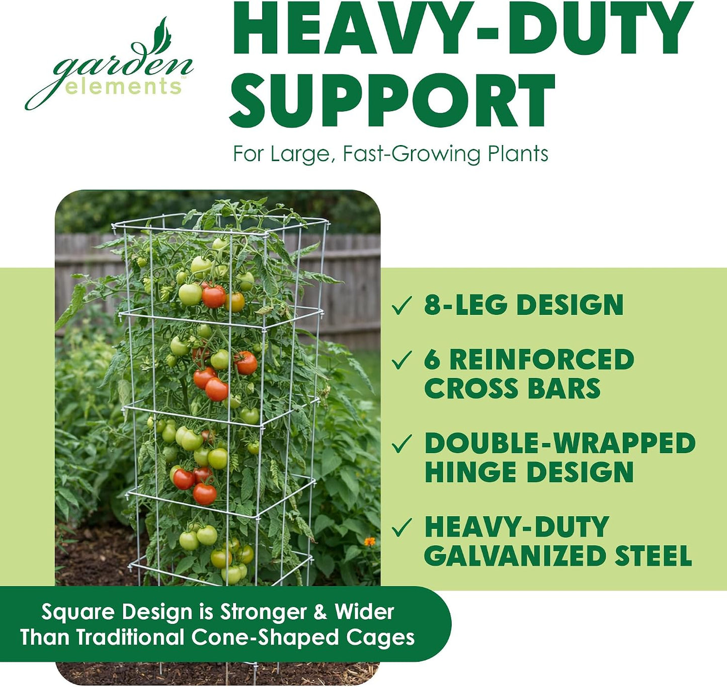 Square Tomato Cage, 58 Inch (Pack of 3) – Heavy Duty Galvanized Steel Plant Support, Collapsible Garden Trellis with 8-Leg Stability for Climbing Vegetables & Vines