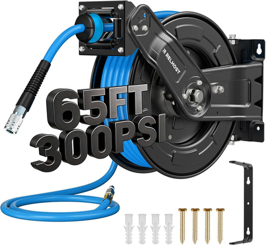 Retractable Air Hose Reel, 65 ft x 3/8 in Hybrid Air Hose Max 300PSI, Heavy Duty Air Compressor Hose Reel with Dual Arms, Auto Rewind, 180° Swivel Ceiling/Wall Mount for Garages, Workshops