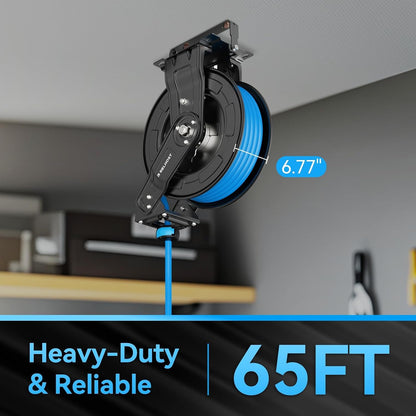 Retractable Air Hose Reel, 65 ft x 3/8 in Hybrid Air Hose Max 300PSI, Heavy Duty Air Compressor Hose Reel with Dual Arms, Auto Rewind, 180° Swivel Ceiling/Wall Mount for Garages, Workshops