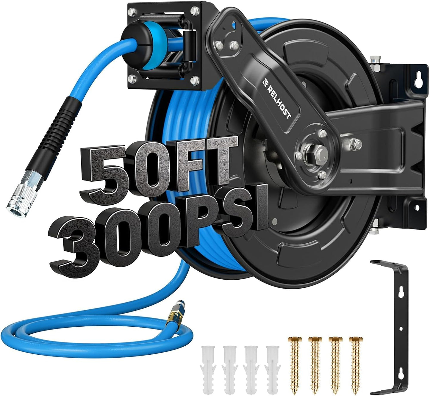 Retractable Air Hose Reel, 65 ft x 3/8 in Hybrid Air Hose Max 300PSI, Heavy Duty Air Compressor Hose Reel with Dual Arms, Auto Rewind, 180° Swivel Ceiling/Wall Mount for Garages, Workshops