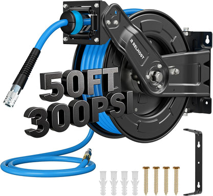 Retractable Air Hose Reel, 65 ft x 3/8 in Hybrid Air Hose Max 300PSI, Heavy Duty Air Compressor Hose Reel with Dual Arms, Auto Rewind, 180° Swivel Ceiling/Wall Mount for Garages, Workshops