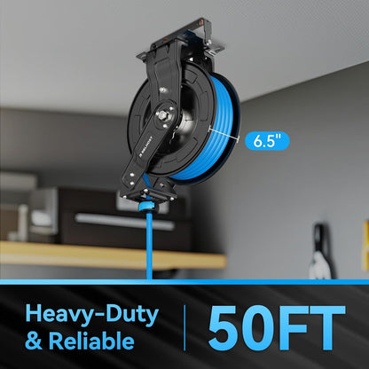 Retractable Air Hose Reel, 65 ft x 3/8 in Hybrid Air Hose Max 300PSI, Heavy Duty Air Compressor Hose Reel with Dual Arms, Auto Rewind, 180° Swivel Ceiling/Wall Mount for Garages, Workshops