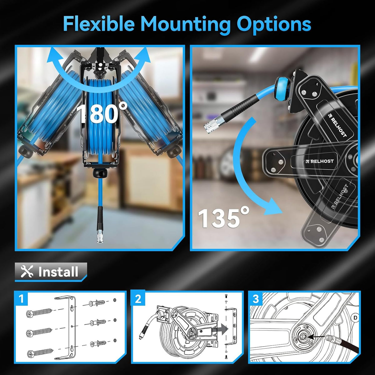 Retractable Air Hose Reel, 65 ft x 3/8 in Hybrid Air Hose Max 300PSI, Heavy Duty Air Compressor Hose Reel with Dual Arms, Auto Rewind, 180° Swivel Ceiling/Wall Mount for Garages, Workshops