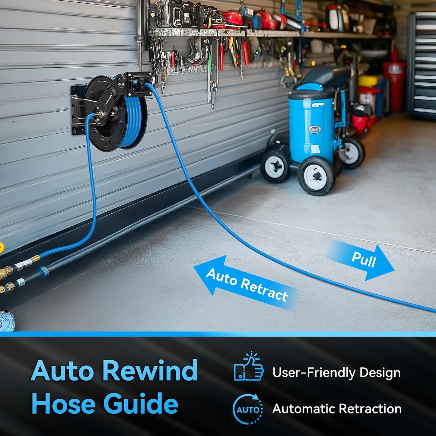 Retractable Air Hose Reel, 65 ft x 3/8 in Hybrid Air Hose Max 300PSI, Heavy Duty Air Compressor Hose Reel with Dual Arms, Auto Rewind, 180° Swivel Ceiling/Wall Mount for Garages, Workshops
