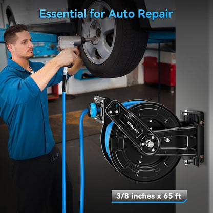 Retractable Air Hose Reel, 65 ft x 3/8 in Hybrid Air Hose Max 300PSI, Heavy Duty Air Compressor Hose Reel with Dual Arms, Auto Rewind, 180° Swivel Ceiling/Wall Mount for Garages, Workshops