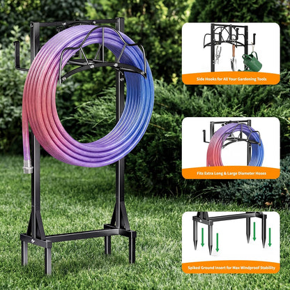 Garden Hose Holder Upgraded Stainless Steel Screw with Waterproof Cover Heavy Duty Metal Hose Stand Sturdy Freestanding Hose Hanger, Detachable Storage Rack for Outside Yard Lawn