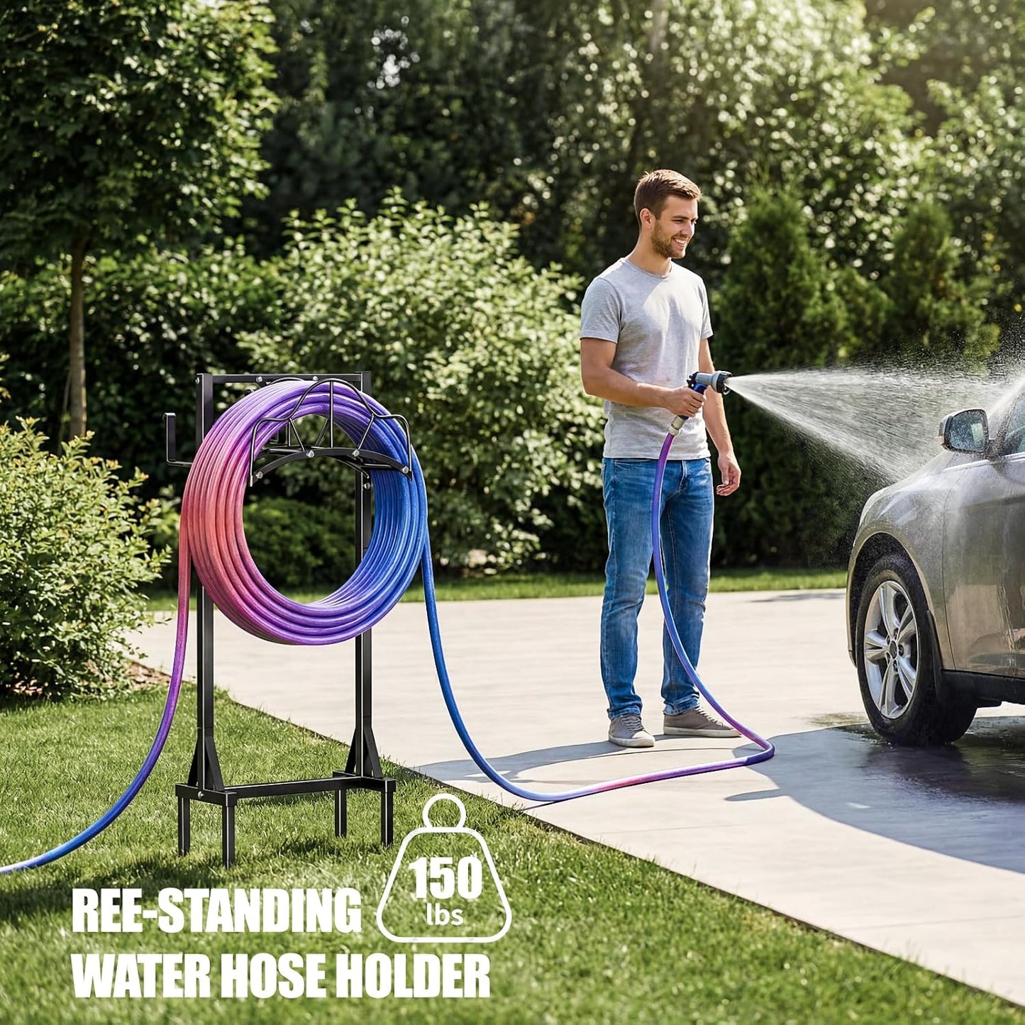 Garden Hose Holder Upgraded Stainless Steel Screw with Waterproof Cover Heavy Duty Metal Hose Stand Sturdy Freestanding Hose Hanger, Detachable Storage Rack for Outside Yard Lawn