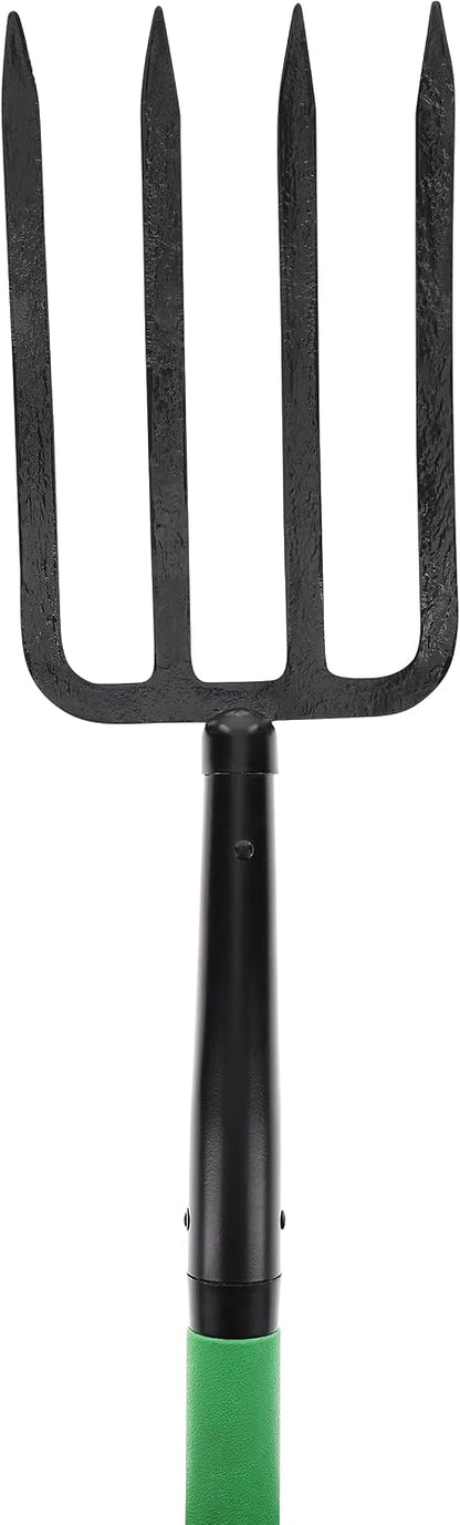 Short Handle Digging Fork with Heavy Duty Carbon Steel Construction, Ergonomic No-Slip H-Grip Handles for Gardening, Land Management, Yardwork, Farming, and Outdoors