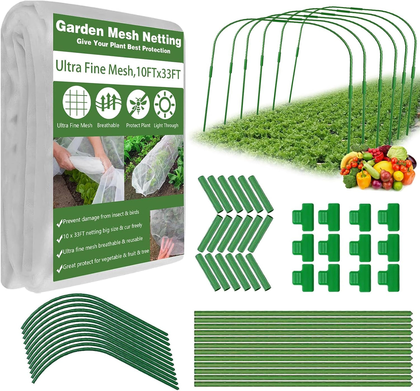 Garden Mesh Netting Kit, 10x33FT Ultra Fine Mesh Netting with 6 Sets Fiberglass Garden Hoops & 12 Clips for Tree Fruit Barrier Vegetable Fruits Flowers Shrubs Plant Covers Net