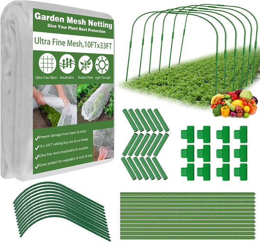 Garden Mesh Netting Kit, 10x33FT Ultra Fine Mesh Netting with 6 Sets Fiberglass Garden Hoops & 12 Clips for Tree Fruit Barrier Vegetable Fruits Flowers Shrubs Plant Covers Net
