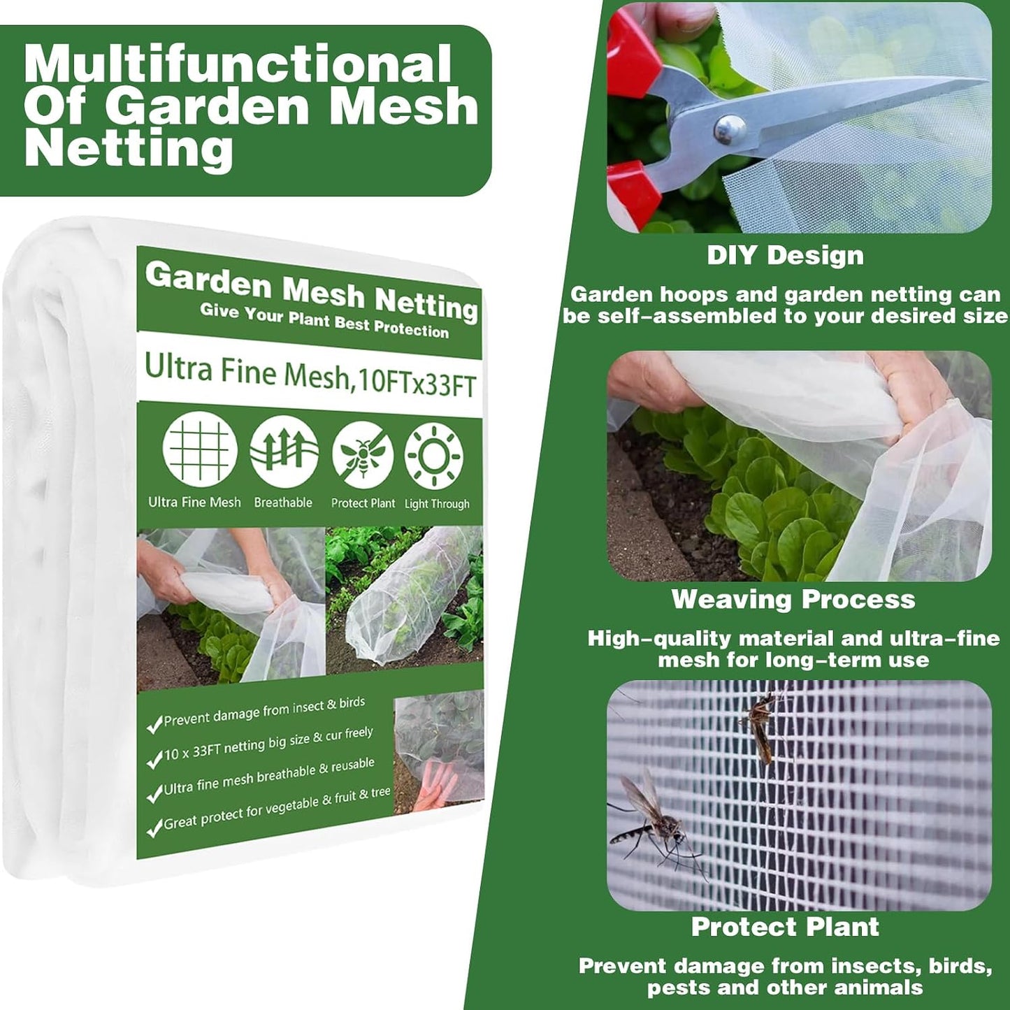 Garden Mesh Netting Kit, 10x33FT Ultra Fine Mesh Netting with 6 Sets Fiberglass Garden Hoops & 12 Clips for Tree Fruit Barrier Vegetable Fruits Flowers Shrubs Plant Covers Net