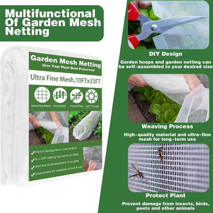 Garden Mesh Netting Kit, 10x33FT Ultra Fine Mesh Netting with 6 Sets Fiberglass Garden Hoops & 12 Clips for Tree Fruit Barrier Vegetable Fruits Flowers Shrubs Plant Covers Net