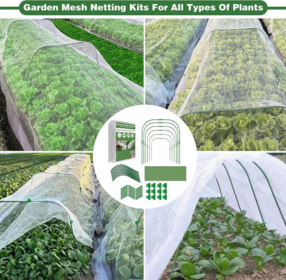Garden Mesh Netting Kit, 10x33FT Ultra Fine Mesh Netting with 6 Sets Fiberglass Garden Hoops & 12 Clips for Tree Fruit Barrier Vegetable Fruits Flowers Shrubs Plant Covers Net