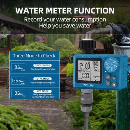 Programmable Water Volume Control Sprinkler Timer, Water Duration Control Hose Timer with Water Meter, Auto and Manual Watering for Irrigation, Garden and Drip System