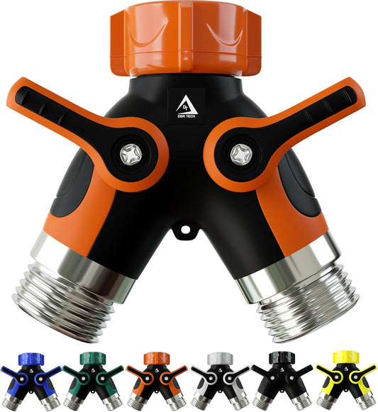 ® Hose Splitter 2 Way, Heavy Duty Metal Connector, Two Way Garden Hose Splitter, High Flow Spigot Faucet Bib Adapter, Solid Double Y Shut Off Valve for Outdoor Gardening Hoses, Orange