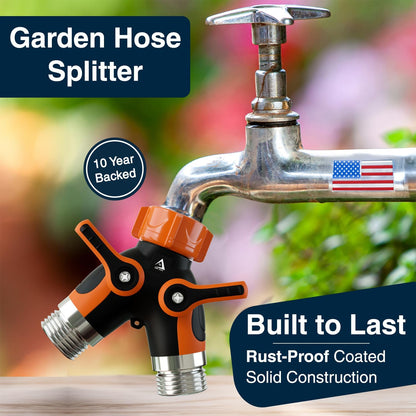 ® Hose Splitter 2 Way, Heavy Duty Metal Connector, Two Way Garden Hose Splitter, High Flow Spigot Faucet Bib Adapter, Solid Double Y Shut Off Valve for Outdoor Gardening Hoses, Orange