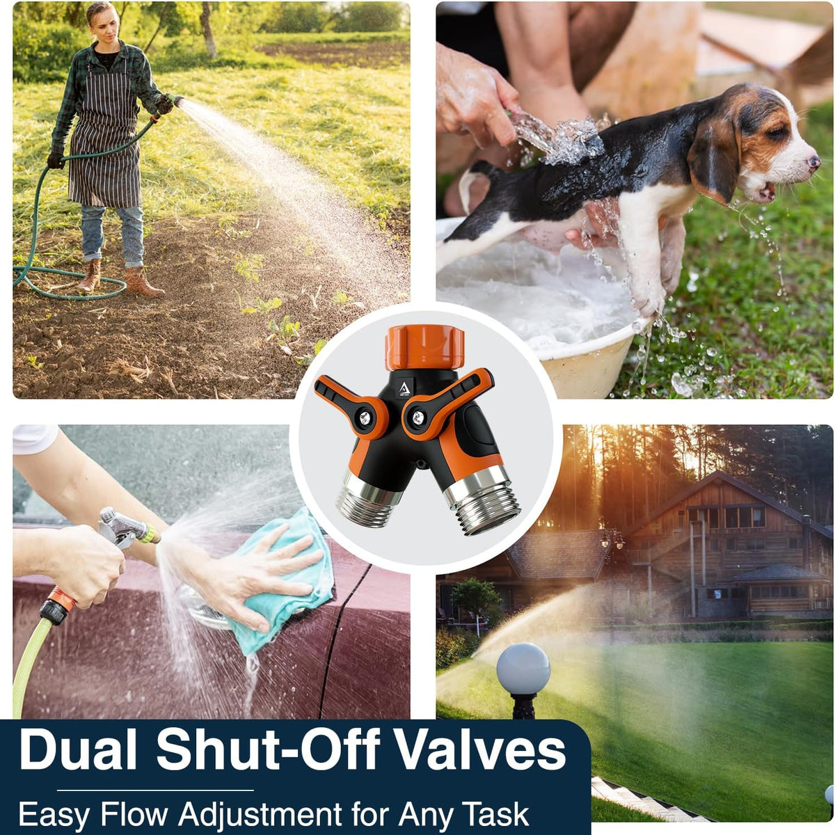 ® Hose Splitter 2 Way, Heavy Duty Metal Connector, Two Way Garden Hose Splitter, High Flow Spigot Faucet Bib Adapter, Solid Double Y Shut Off Valve for Outdoor Gardening Hoses, Orange