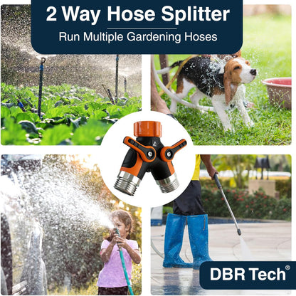 ® Hose Splitter 2 Way, Heavy Duty Metal Connector, Two Way Garden Hose Splitter, High Flow Spigot Faucet Bib Adapter, Solid Double Y Shut Off Valve for Outdoor Gardening Hoses, Orange
