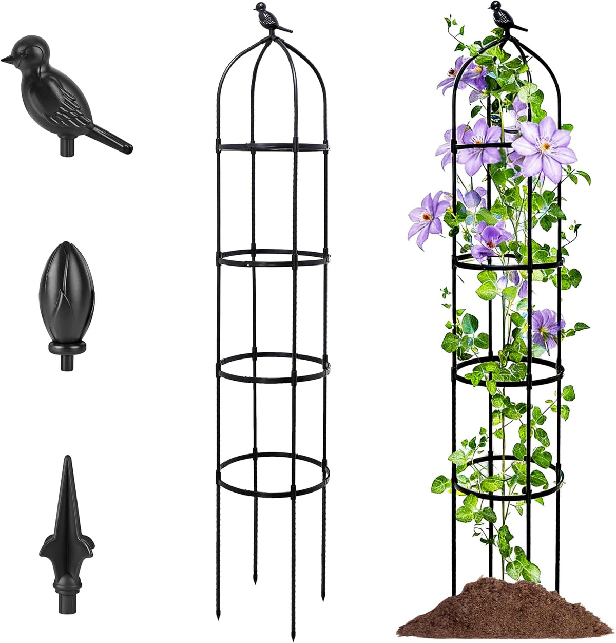 6FT Garden Obelisk Trellis for Climbing Plants,Adjustable 4-Tier Metal Plant Support,Rustproof Outdoor Plant Tower with 3 Decorative Tops for Roses,Tomatoes,Clematis & Vines,Black