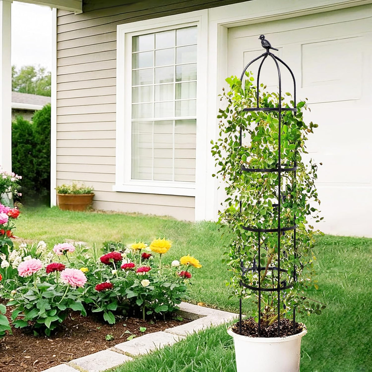 6FT Garden Obelisk Trellis for Climbing Plants,Adjustable 4-Tier Metal Plant Support,Rustproof Outdoor Plant Tower with 3 Decorative Tops for Roses,Tomatoes,Clematis & Vines,Black