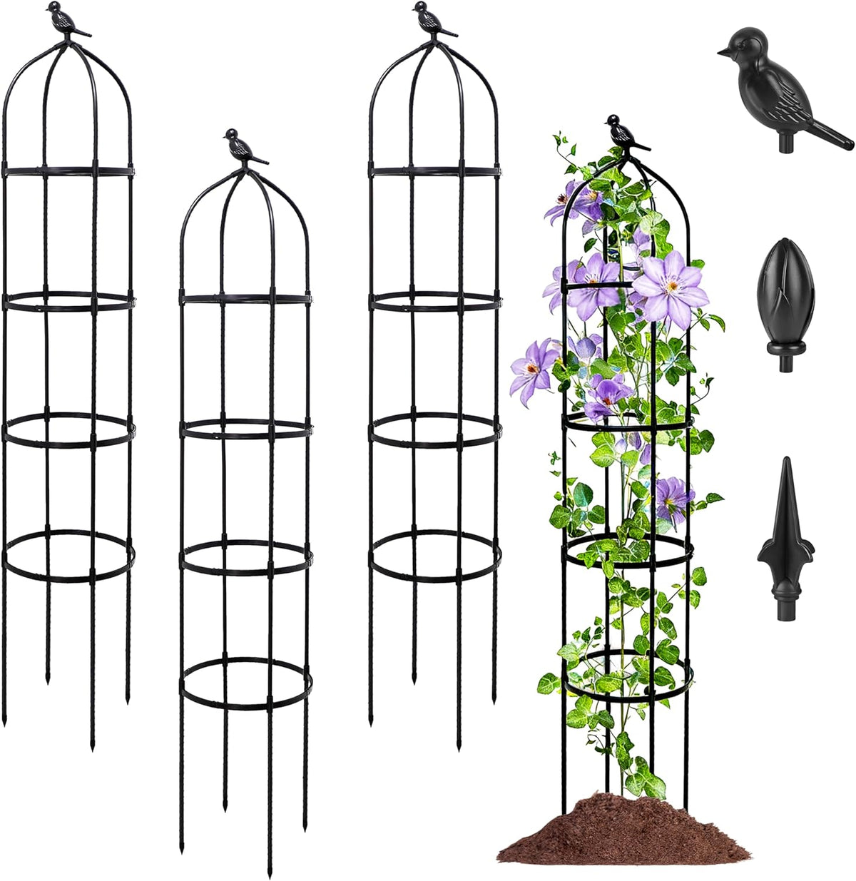 6FT Garden Obelisk Trellis for Climbing Plants,Adjustable 4-Tier Metal Plant Support,Rustproof Outdoor Plant Tower with 3 Decorative Tops for Roses,Tomatoes,Clematis & Vines,Black