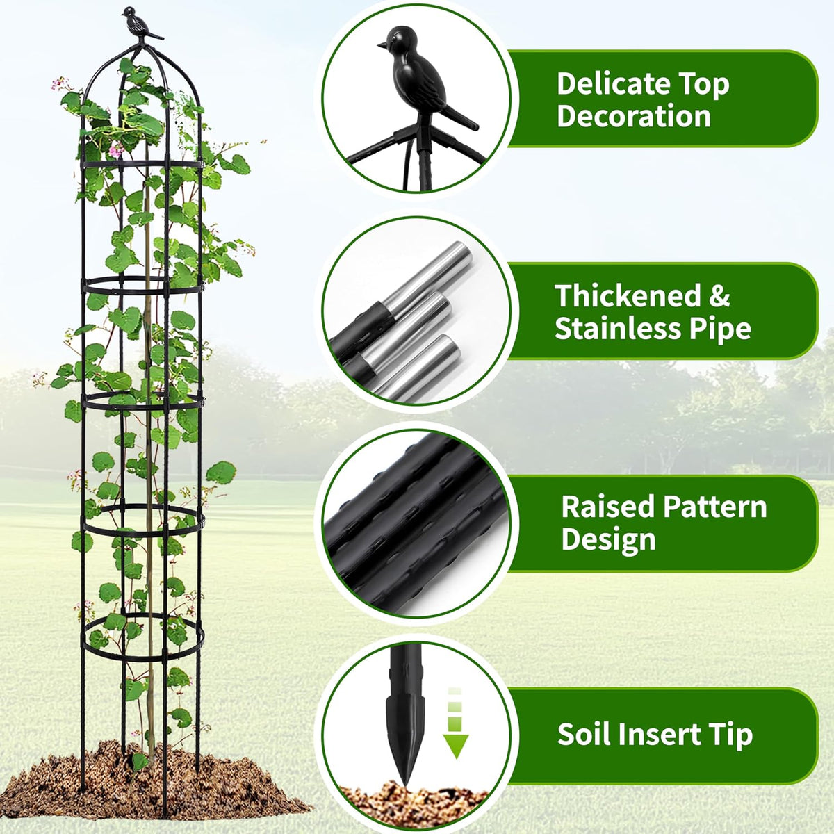 6FT Garden Obelisk Trellis for Climbing Plants,Adjustable 4-Tier Metal Plant Support,Rustproof Outdoor Plant Tower with 3 Decorative Tops for Roses,Tomatoes,Clematis & Vines,Black