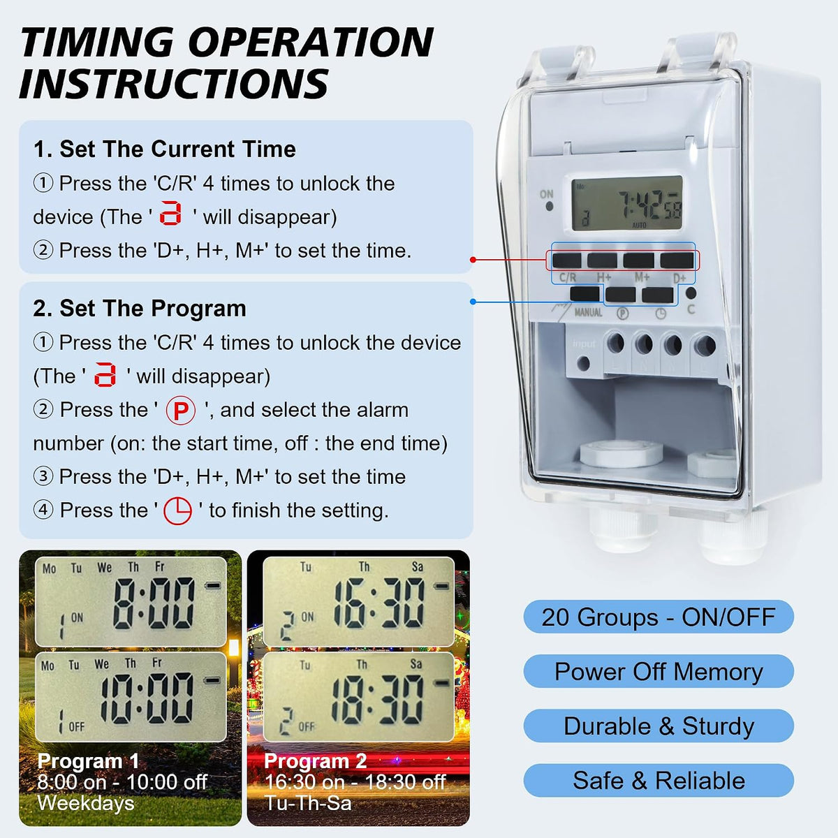 Waterproof Programmable Timer Switch for Outdoor Indoor, Heavy Duty KG316T-F Digital Program Timer Controller 20 ON/Off Cycle 7-Day and 24-Hour 40A 110V, for Christmas/Light/Fountain Aerator