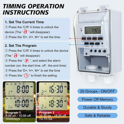 Waterproof Programmable Timer Switch for Outdoor Indoor, Heavy Duty KG316T-F Digital Program Timer Controller 20 ON/Off Cycle 7-Day and 24-Hour 40A 110V, for Christmas/Light/Fountain Aerator