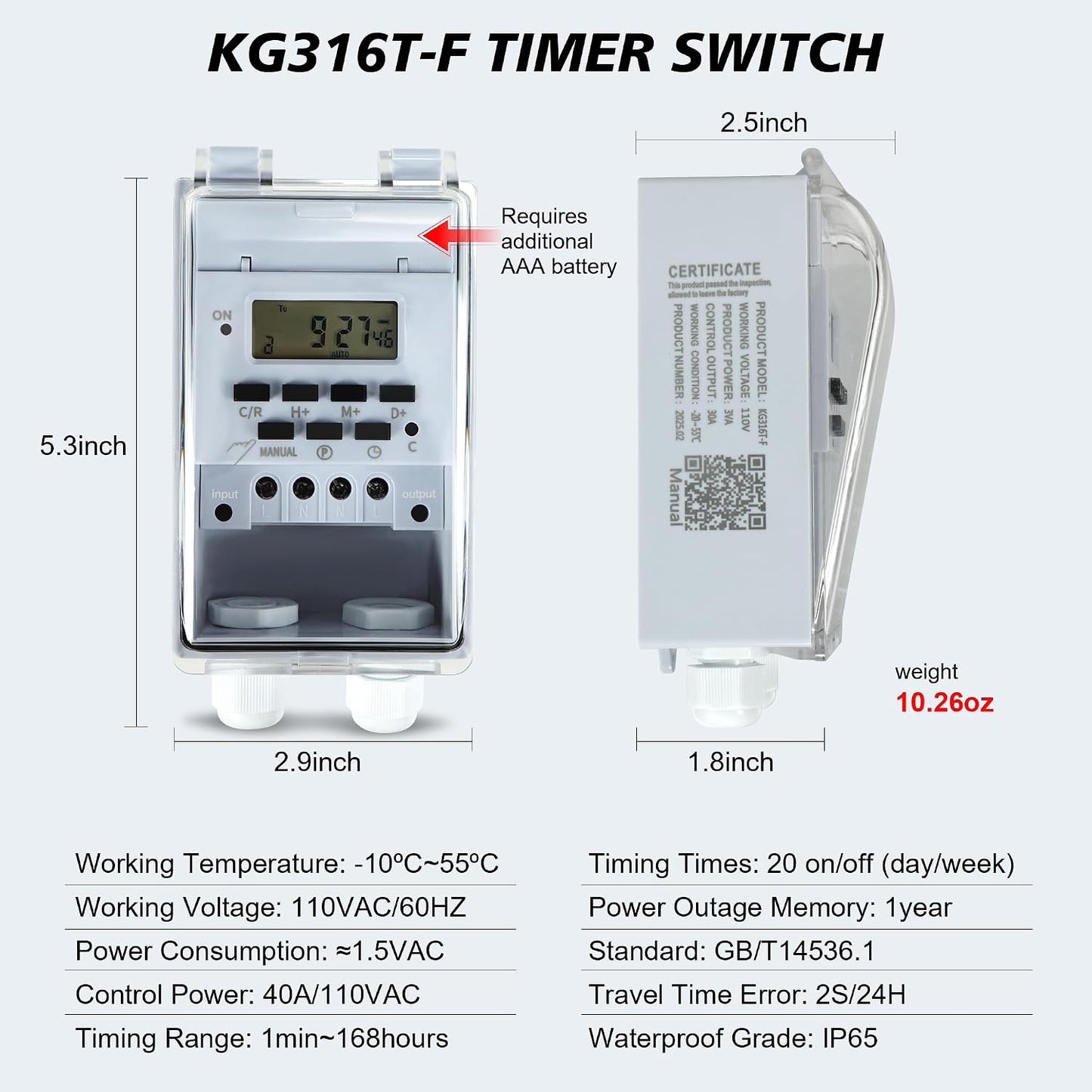 Waterproof Programmable Timer Switch for Outdoor Indoor, Heavy Duty KG316T-F Digital Program Timer Controller 20 ON/Off Cycle 7-Day and 24-Hour 40A 110V, for Christmas/Light/Fountain Aerator
