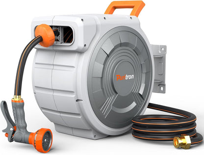 Retractable Garden Hose Reel 1/2"x150ft, 3-Ply Reinforced Heavy Duty Garden Hose Reel, Kink-Free Rewind and Lock at Any Length, Rust Prevention Metal Mount, 180° Swivel Bracket for Lawn & Gardening