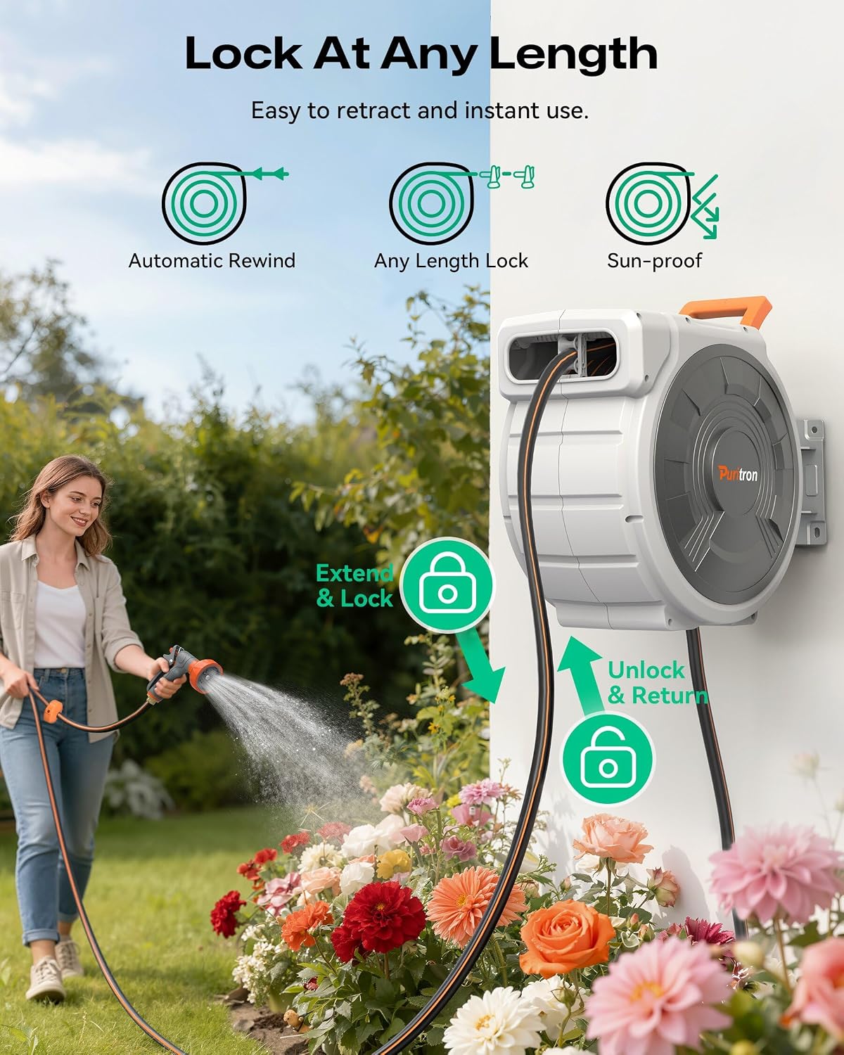 Retractable Garden Hose Reel 1/2"x150ft, 3-Ply Reinforced Heavy Duty Garden Hose Reel, Kink-Free Rewind and Lock at Any Length, Rust Prevention Metal Mount, 180° Swivel Bracket for Lawn & Gardening
