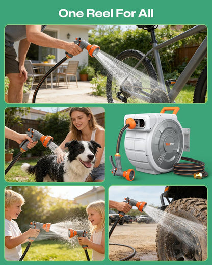 Retractable Garden Hose Reel 1/2"x150ft, 3-Ply Reinforced Heavy Duty Garden Hose Reel, Kink-Free Rewind and Lock at Any Length, Rust Prevention Metal Mount, 180° Swivel Bracket for Lawn & Gardening