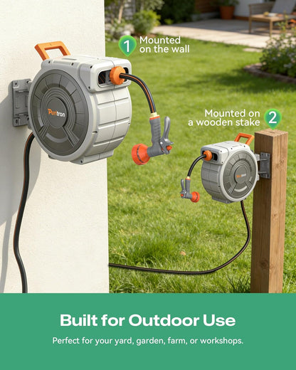 Retractable Garden Hose Reel 1/2"x150ft, 3-Ply Reinforced Heavy Duty Garden Hose Reel, Kink-Free Rewind and Lock at Any Length, Rust Prevention Metal Mount, 180° Swivel Bracket for Lawn & Gardening