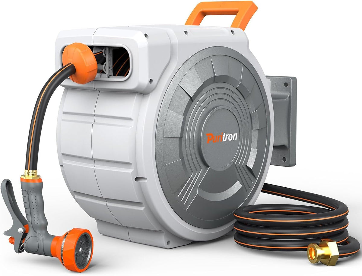Retractable Garden Hose Reel 1/2"x150ft, 3-Ply Reinforced Heavy Duty Garden Hose Reel, Kink-Free Rewind and Lock at Any Length, Rust Prevention Metal Mount, 180° Swivel Bracket for Lawn & Gardening