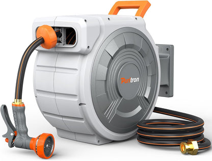 Retractable Garden Hose Reel 1/2"x150ft, 3-Ply Reinforced Heavy Duty Garden Hose Reel, Kink-Free Rewind and Lock at Any Length, Rust Prevention Metal Mount, 180° Swivel Bracket for Lawn & Gardening