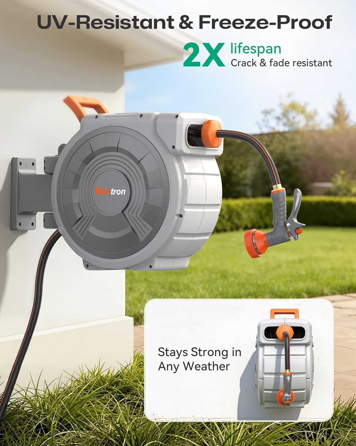 Retractable Garden Hose Reel 1/2"x150ft, 3-Ply Reinforced Heavy Duty Garden Hose Reel, Kink-Free Rewind and Lock at Any Length, Rust Prevention Metal Mount, 180° Swivel Bracket for Lawn & Gardening