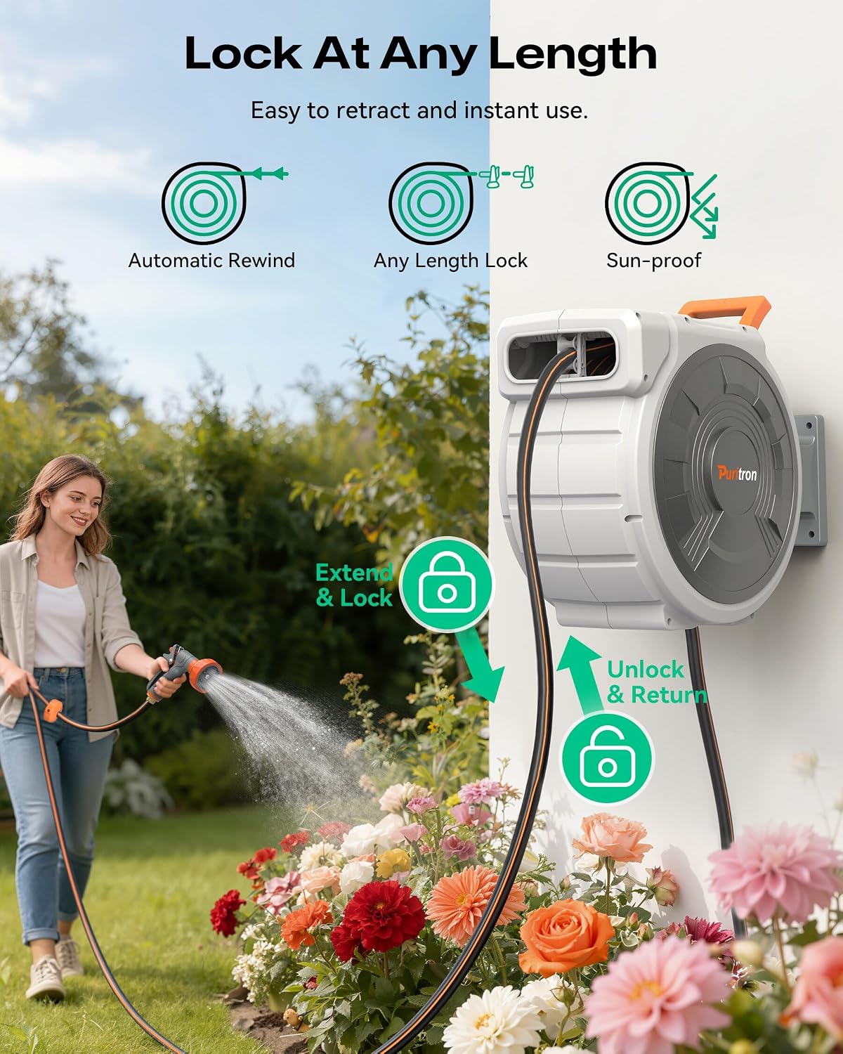 Retractable Garden Hose Reel 1/2"x150ft, 3-Ply Reinforced Heavy Duty Garden Hose Reel, Kink-Free Rewind and Lock at Any Length, Rust Prevention Metal Mount, 180° Swivel Bracket for Lawn & Gardening