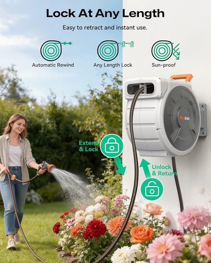 Retractable Garden Hose Reel 1/2"x150ft, 3-Ply Reinforced Heavy Duty Garden Hose Reel, Kink-Free Rewind and Lock at Any Length, Rust Prevention Metal Mount, 180° Swivel Bracket for Lawn & Gardening