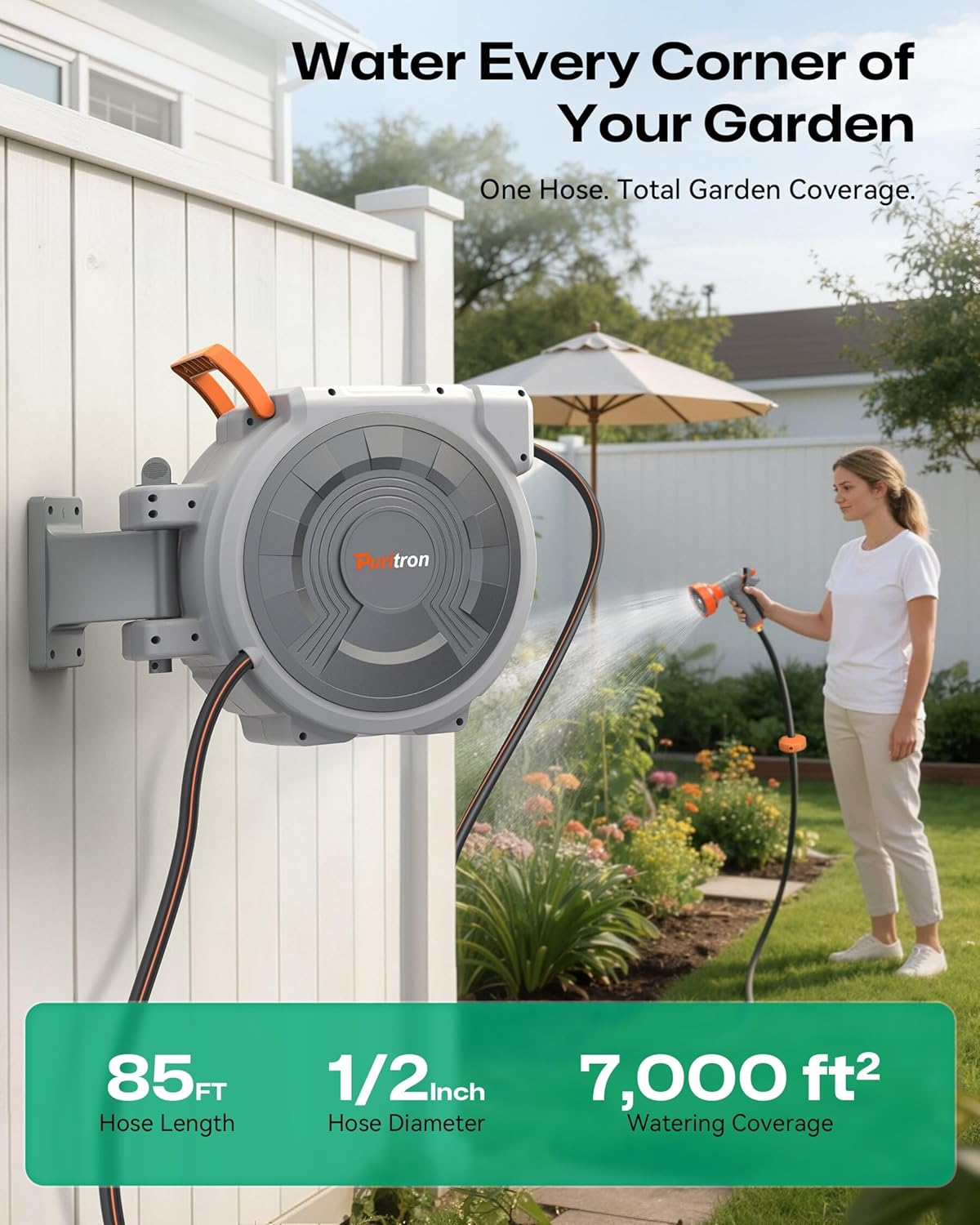 Retractable Garden Hose Reel 1/2"x150ft, 3-Ply Reinforced Heavy Duty Garden Hose Reel, Kink-Free Rewind and Lock at Any Length, Rust Prevention Metal Mount, 180° Swivel Bracket for Lawn & Gardening