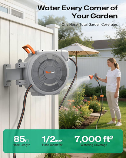 Retractable Garden Hose Reel 1/2"x150ft, 3-Ply Reinforced Heavy Duty Garden Hose Reel, Kink-Free Rewind and Lock at Any Length, Rust Prevention Metal Mount, 180° Swivel Bracket for Lawn & Gardening