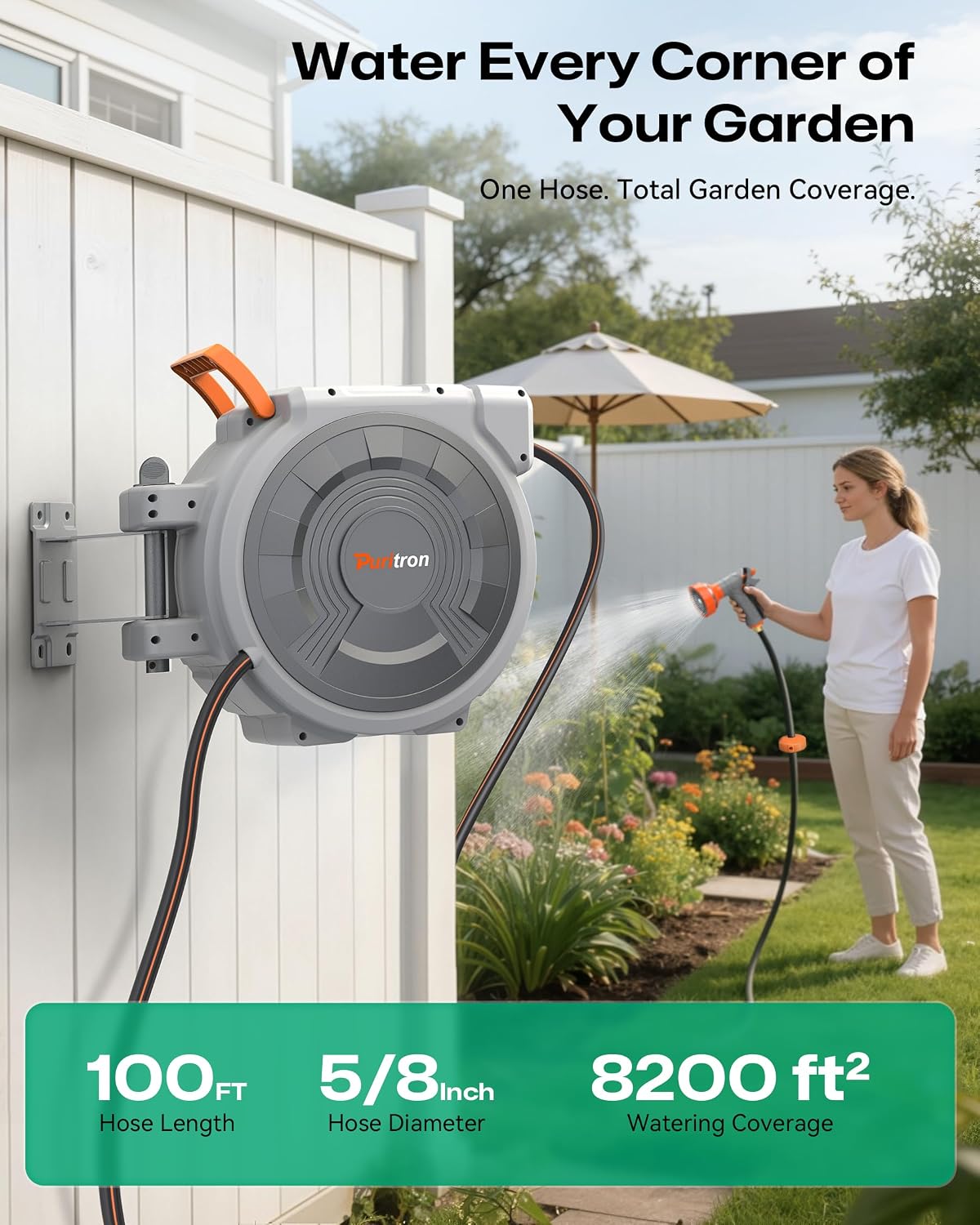 Retractable Garden Hose Reel 1/2"x150ft, 3-Ply Reinforced Heavy Duty Garden Hose Reel, Kink-Free Rewind and Lock at Any Length, Rust Prevention Metal Mount, 180° Swivel Bracket for Lawn & Gardening