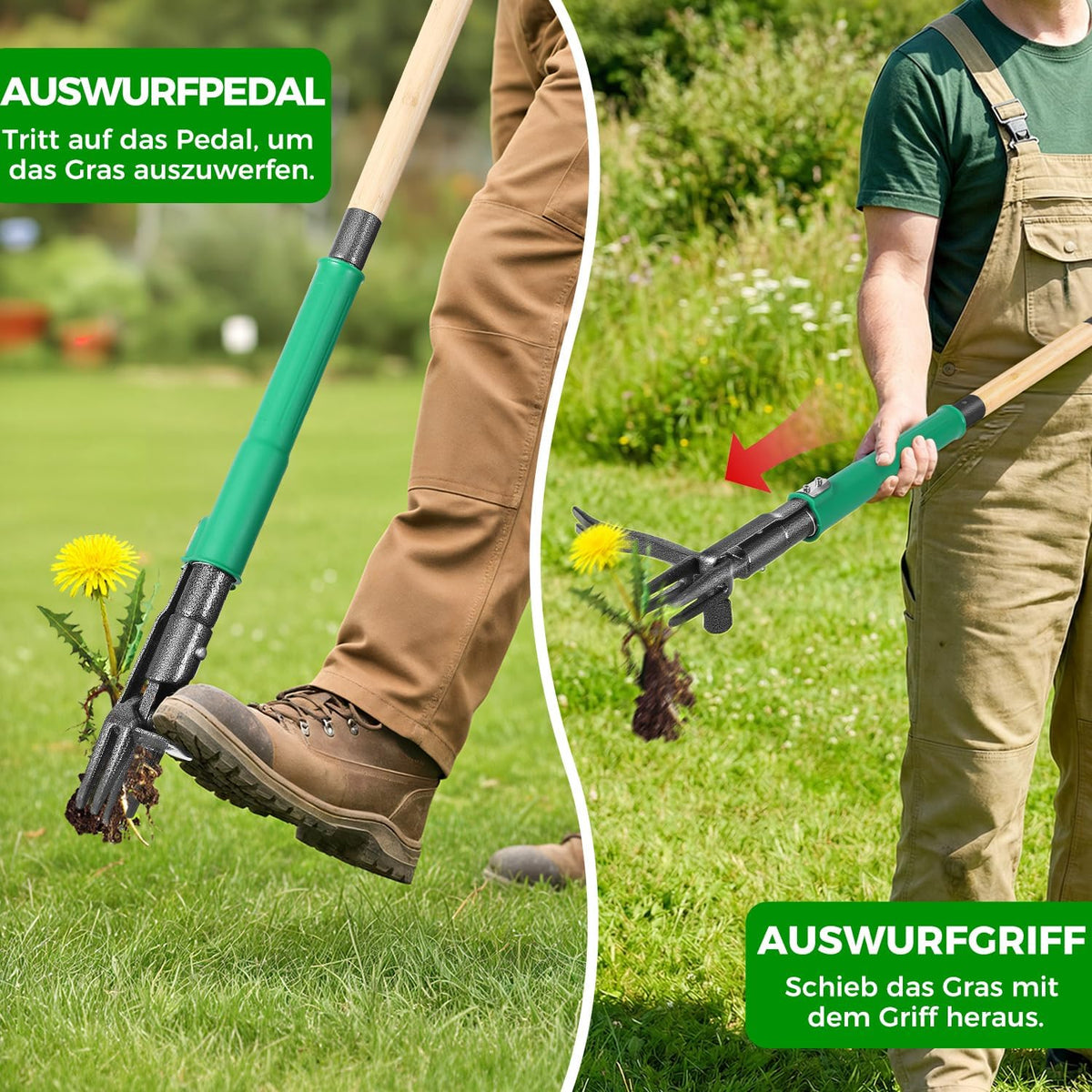 Weed Puller Tool with 2 Weed Eject Feature, 43.7in Stand Up Dandelion Remover Tool, Real Bamboo Handle and Metal 4 Claw & Foot Pedal, Heavy Duty Garden Weeder