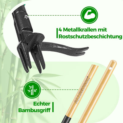 Weed Puller Tool with 2 Weed Eject Feature, 43.7in Stand Up Dandelion Remover Tool, Real Bamboo Handle and Metal 4 Claw & Foot Pedal, Heavy Duty Garden Weeder