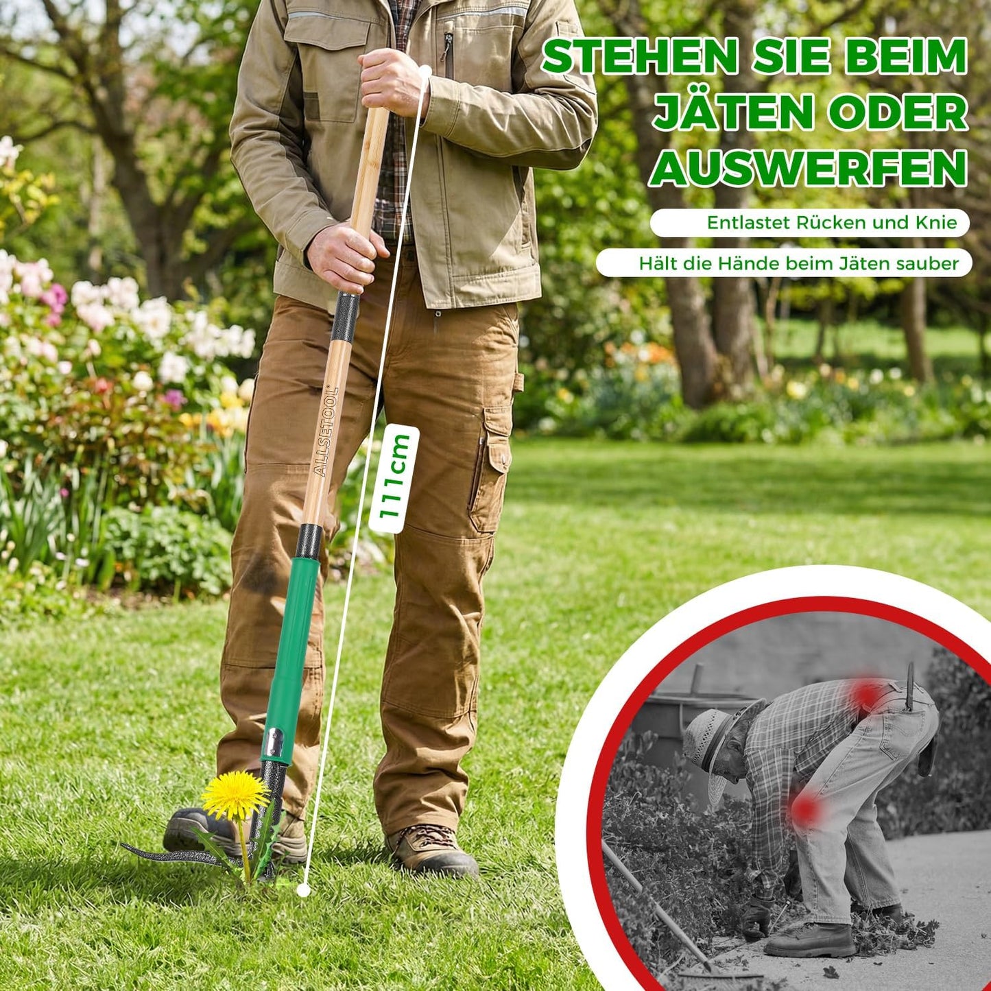 Weed Puller Tool with 2 Weed Eject Feature, 43.7in Stand Up Dandelion Remover Tool, Real Bamboo Handle and Metal 4 Claw & Foot Pedal, Heavy Duty Garden Weeder