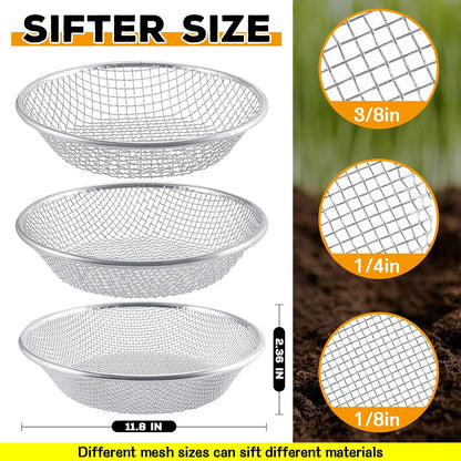 3Pcs 3 Apertures Sizes Soil Sifter Sieve - Heavy Duty Galvanized Screen for Compost, Dirt, Rocks, Gravel & Garden - Fits 5 Gallon Bucket, Rust-Resistant - Composting & Sifting Tool