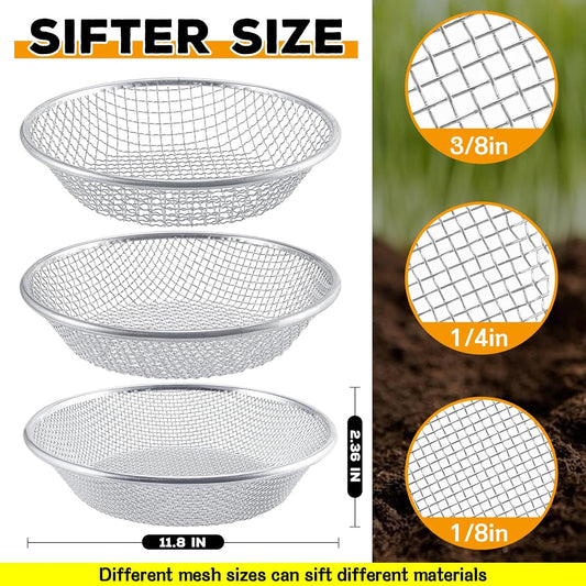3Pcs 3 Apertures Sizes Soil Sifter Sieve - Heavy Duty Galvanized Screen for Compost, Dirt, Rocks, Gravel & Garden - Fits 5 Gallon Bucket, Rust-Resistant - Composting & Sifting Tool