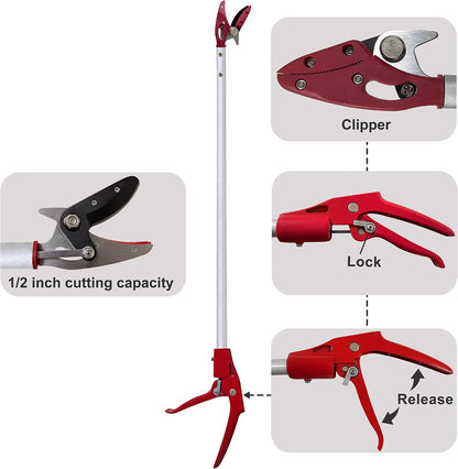 Tree Trimmer, 2 Foot Pole Pruner, Long Reach Pruning Shears, Cut and Hold Garden Clippers, Aluminum Lightweight Handle Fruit Picker, Branch Bypass Loppers
