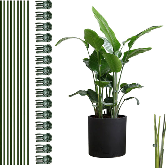 10pcs Green Plant Support Stakes with 15pcs Clips, Bendable Stakes for Tall Plants, Indoor & Outdoor Use